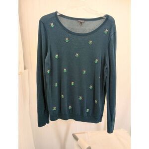 Talbots, dark teal, OWL bead sweater. UNIQUE size medium